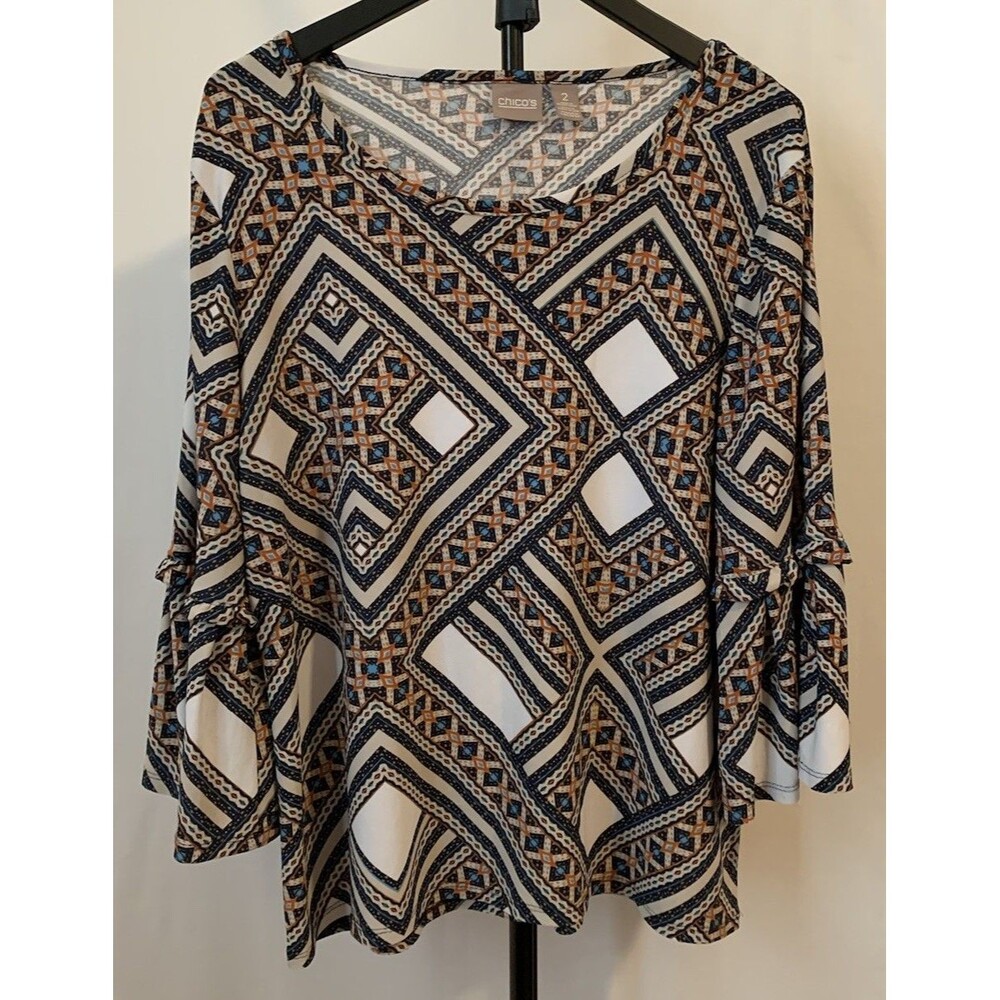 Chicos Top Size 2 Womens Large Top 3/4 Bell Sleeve Stretch